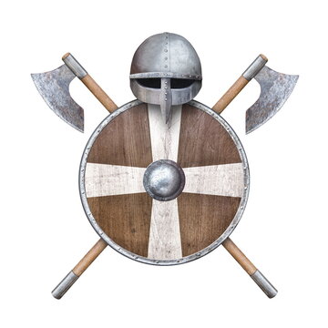 Wooden shield helmet and two axes isolated on white