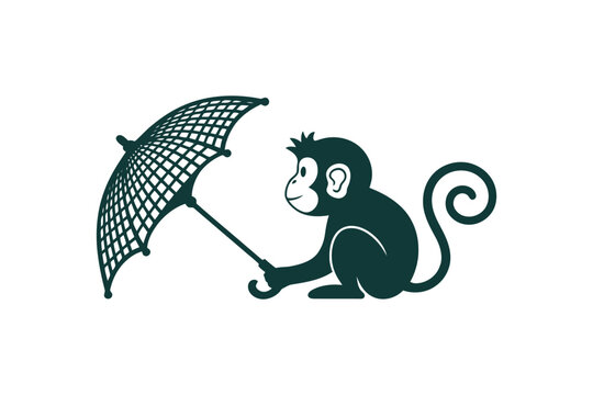 A cute monkey holding umbrella, simple graphic design element for children books or logos.