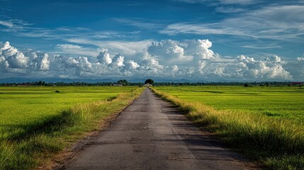 Fototapeta premium A long narrow road stretches through lush green fields under a vast blue sky filled with dramatic white clouds.