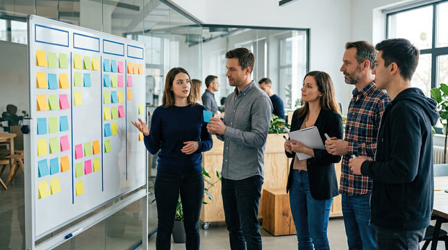Agile project management scrum iteration boards abstract concept. Team brainstorming ideas in modern office with colorful notes.