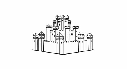 Fototapeta premium Ornate, multi-towered fortress illustration with crenellated walls and arched windows