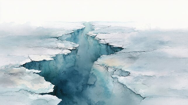 A watercolor painting of a deep, icy crevasse splitting a frozen landscape in cool blue and white tones.