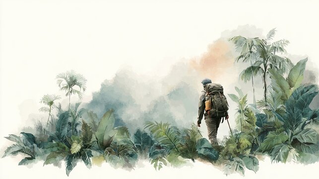 A lone hiker with a backpack and walking stick explores a dense, misty tropical jungle surrounded by lush green foliage.