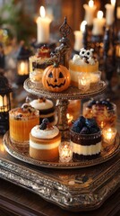 Fototapeta premium Halloween dessert table with pumpkin themed cakes and layered parfaits on ornate stand surrounded by glowing candles
