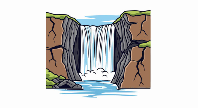 Stylized cartoon waterfall cascading over cliffs into a blue river