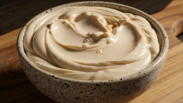 Close-up Creamy Tempeh Miso Paste Being Poured into Speckled Ceramic Bowl on Wooden Board. Fermented Global Food