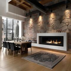Obraz premium Modern dining room with stone wall, large fireplace, wooden table, black chairs, city view, and cozy atmosphere, natural light enhances warmth