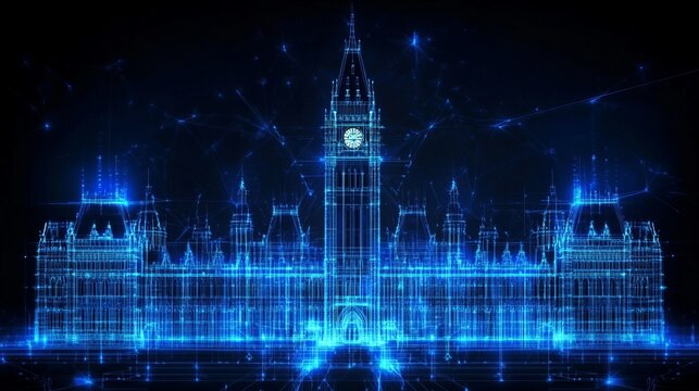 Digital Artwork of Ottawa s Parliament Buildings Glowing at Night with Advanced Technology Elements