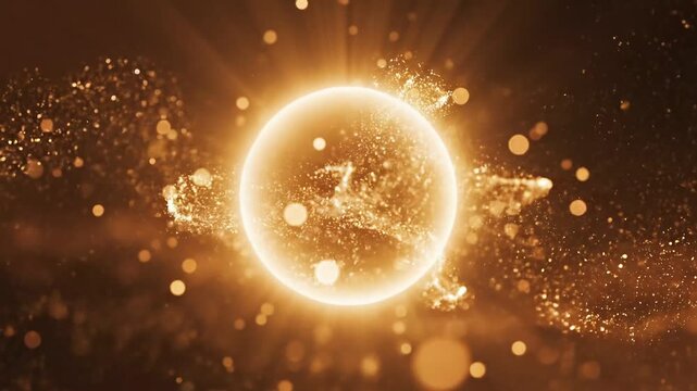 A glowing sun-like orb at the horizon, emitting powerful golden light rays and surrounded by a celestial cloud of particles.