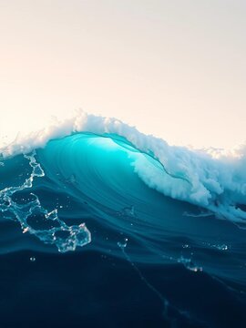 Abstract wave form rendered in vibrant turquoise and foam,  beach,  surfing