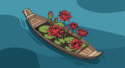 Obraz premium Wooden boat floating on blue water carrying red lotus flowers and green lily pads