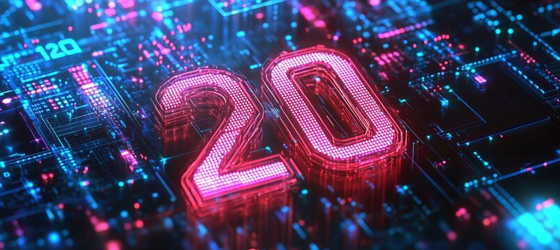Futuristic Number 20 Glowing on a Digital Matrix in Cyberpunk Style with Circuit Board Patterns