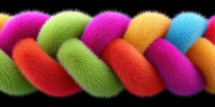Colorful fluffy braided tubes forming a soft abstract pattern on a black background