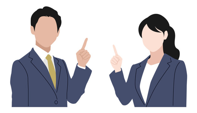 人差し指を立てたスーツ姿の男女のイラスト素材 ベクター 指差し 説明 ポイント ビジネス