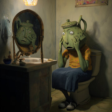 Teapot-headed character sits on a toilet, looking distressed at its reflection in a mirror in a dimly lit bathroom.