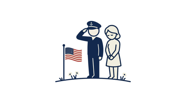 Soldier Saluting Next to American Flag and Bereaved Woman