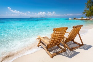 Fototapeta premium Two wooden lounge chairs on a tropical white sand beach facing clear turquoise sea under a sunny blue sky