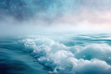 Obraz premium Dreamy ocean waves with soft foam under a starry sky and misty horizon in tranquil blue tones