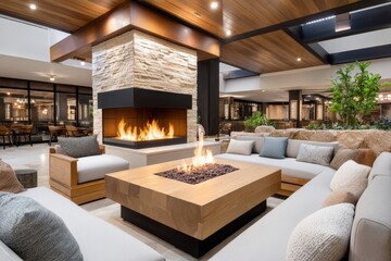 Obraz premium Modern hotel lounge with central gas fireplace, cozy sectional seating, wood ceiling and natural stone accents creating a warm social gathering space