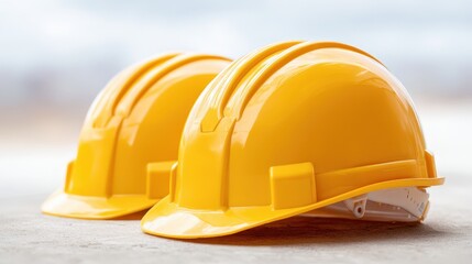 Fototapeta premium Two yellow safety helmets resting on a concrete surface at a construction site