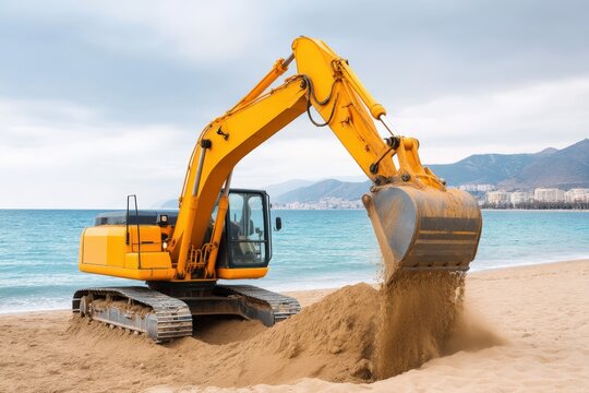 Yellow excavator digging sand on a beach near the sea with city and mountains in the background