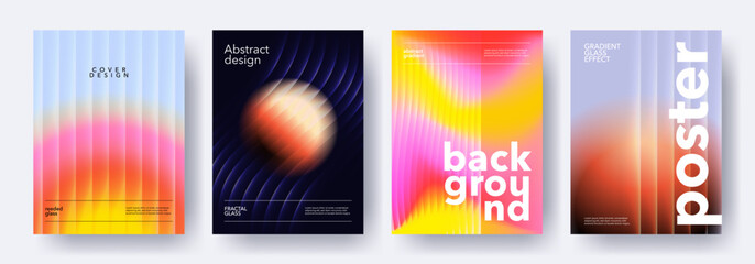 Naklejka na ściany i meble Creative covers, layouts or posters concept in modern minimal style for corporate identity, branding, social media advertising, promo. with gradients and reeded or ribbed glass texture, colorful waves