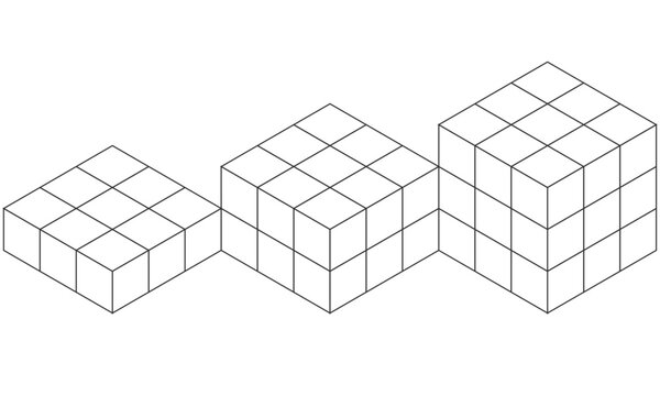 Isometric minimal cube grid graphics on three geometric shapes on transparent background 
