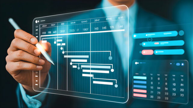 Project Timeline: A person meticulously navigates a holographic project timeline, symbolizing efficient management and future planning. This visual highlights the essence of organizational strategy. 