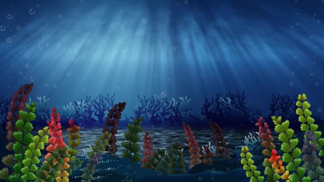 Underwater ocean scene with vibrant coral reefs, shimmering light rays, and floating air bubbles dynamic footage.