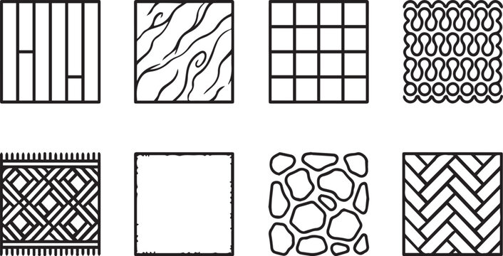 Interior flooring material icons, set of 8 vector floor texture swatches, architectural surface patterns for wood, tile, stone, and carpet