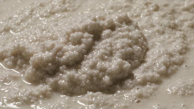 Close up of a creamy white fermented food mixture with visible texture and liquid in a light commercial setting