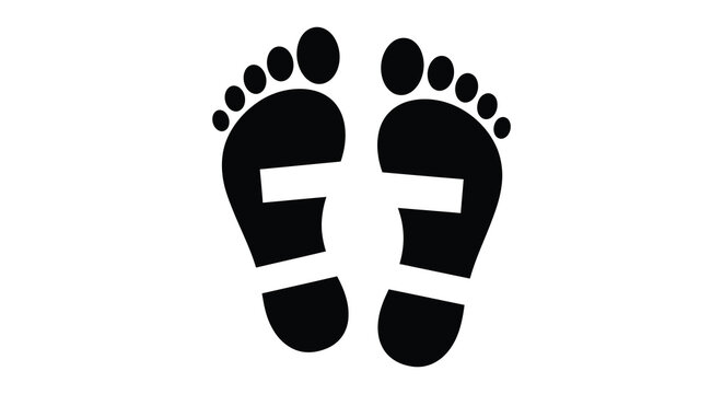 A stark depiction of two human footprints presented in solid black against a bright white background silhouette