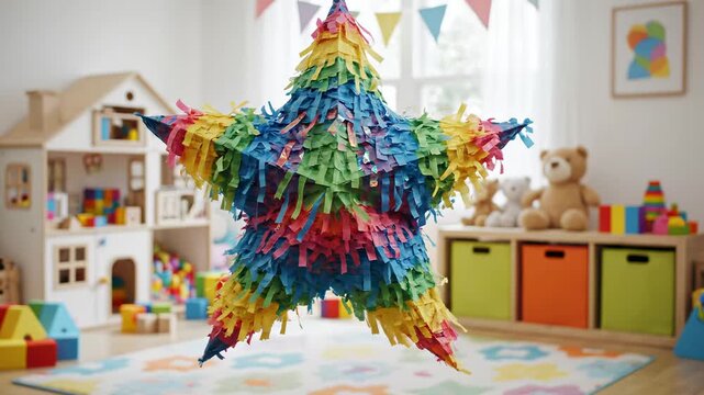 Star-shaped pinata in bright children playroom highlights pinata as axis, repeated as pinata party, pinata decoration, and pinata celebration for kids event branding, birthday advertising