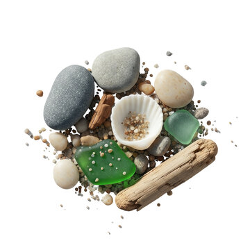 Collection of beach elements: smooth stones, driftwood, shell, sand and green sea glass isolated on transparent background. Concept of coastal nature, relaxation and summer.