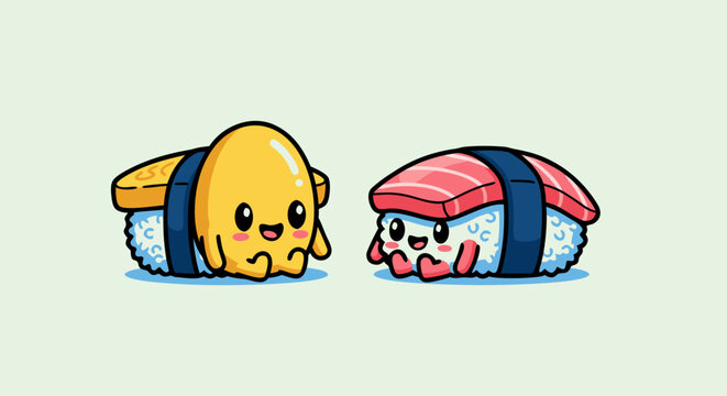 Cute cartoon sushi characters, a tamago nigiri and a tuna nigiri, with smiling faces and tiny hands, on a light green background