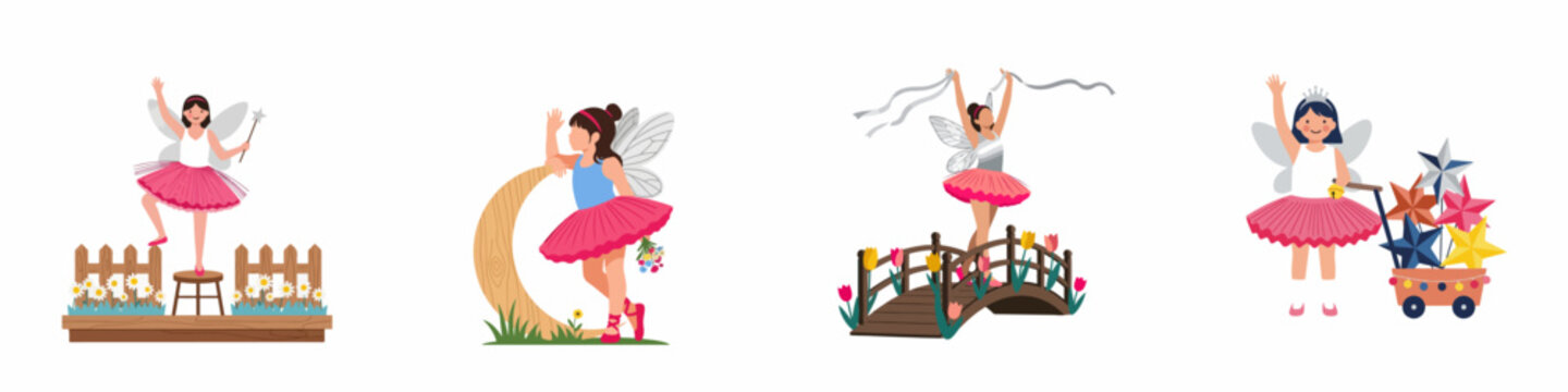 Collection of four whimsical illustrations featuring little girls dressed as fairies in pink tutus, wings, and magical garden settings.