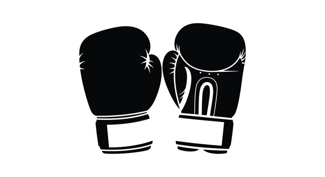 A pair of classic black boxing gloves are displayed facing each other creating a strong visual impact silhouette