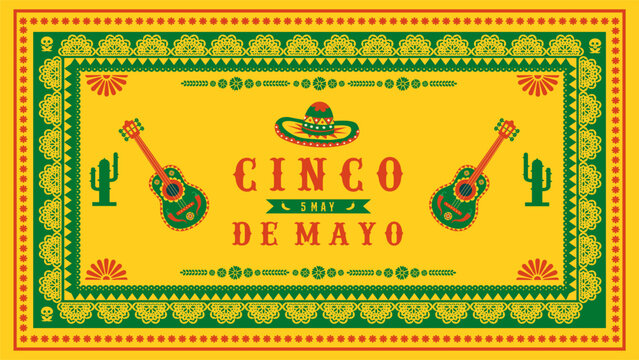 Decorative Cinco de Mayo 2026 banner with Mexican ornament frame, papel picado, guitar and sombrero on yellow background. Best for fiesta posters, Independence Day, restaurant promotions, invitations,