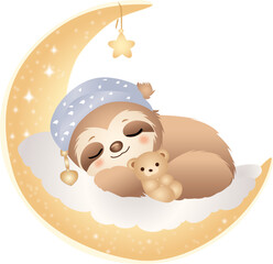 Obraz premium Sleeping Sloth on Crescent Moon Kids Nursery Design