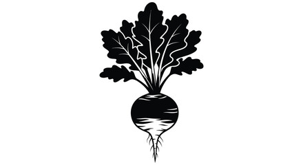 A striking black silhouette depicts a beet with leafy greens and visible root structure silhouette high quality professional © jivect02