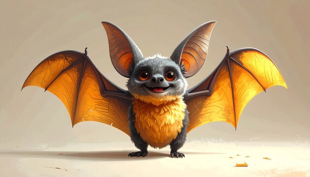 A cute cartoon bat with big ears and wings