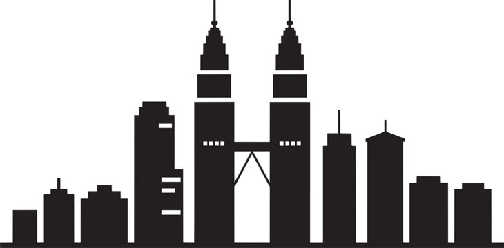 City view icon set with city lights, tall buildings, and twin towers for skyline and silhouette