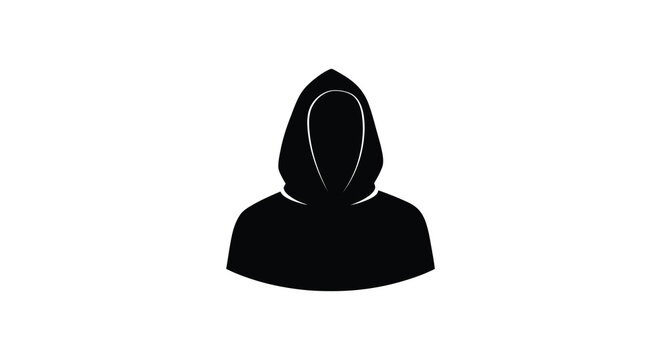 A stark black silhouette of a hooded figure against a white background evokes mystery and anonymity silhouette