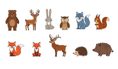 Fototapeta premium Forest animal vector bundle with cute bear fox deer owl and elk set