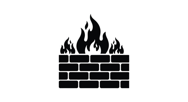 A black silhouette depicts flames rising over a brick wall symbolizing destruction or a protective barrier silhouette