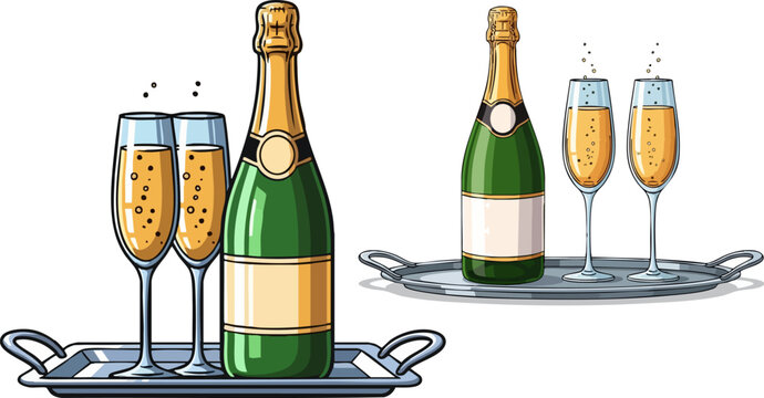 Champagne bottle and flutes on silver tray vector, sparkling wine glasses for celebration, luxury alcohol drink set for party events