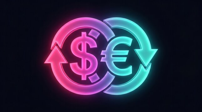 Currency Exchange Symbol in Neon Colors Currency Exchange Dollar Euro Neon Finance Money. Concept featuring currency, exchange, dollar, euro, neon for professional commercial design.