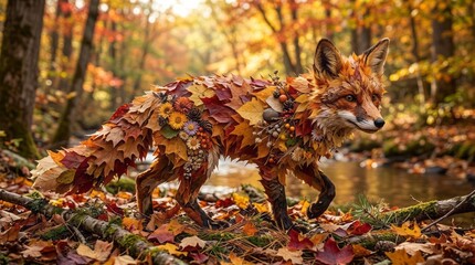 Fototapeta premium Autumn Fox Made of Leaves and Flowers Fox Autumn Leaves Flowers Forest Nature Wildlife. Concept featuring fox, autumn, leaves, flowers, forest for professional commercial design.