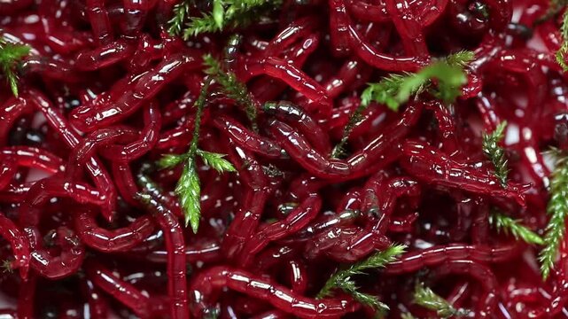 Red bloodworm, background. Bait for winter fishing. Background of bait for winter fishing.bunch of small red mosquito larvae bloodworm.Macro