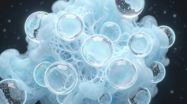 Abstract Bubbles on Soft Blue Background Bubbles Blue Translucent Ethereal Soft Floating Texture. Concept featuring bubbles, blue, translucent, ethereal, soft for professional commercial design.